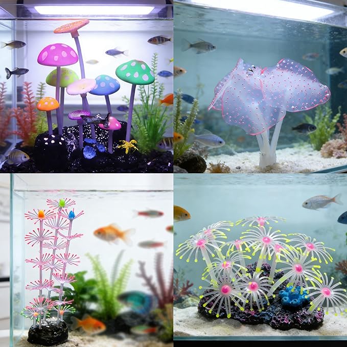 Swaying Coral Decor Set - 4-Pack: String, Starry, Feather & Mushroom Soft Silicone Aquarium Ornaments with Lifelike Motion for Freshwater & Saltwater Fish Tanks, Safe Fish Shrimp Habitat