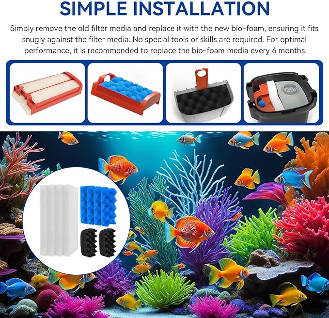 10 Pack Bio Foam Compatible with Fluval 106 & 107 Canister Filter, Filter Sponge Replacement Aquarium Filter Media for Biological Filtration, Including Blue White Black Filter Media Replacement Kit
