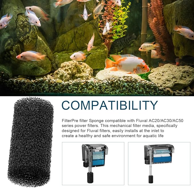 6 Pack Pre Filter Sponge, Aquarium Pre Filters Intake Sponge Replacement for Fluval AC20/AC30/AC50 Power Filter, Intake Strainer Sponge Use in Freshwater & Saltwater Aquariums