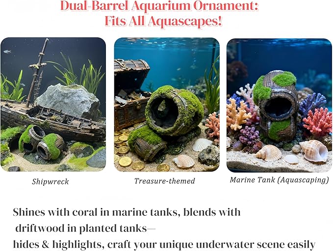 Moss-Covered Twin Broken Barrels Aquarium Decor – Resin Fish Tank Hideout with Artificial Moss for Betta, Shrimp & Small Fish