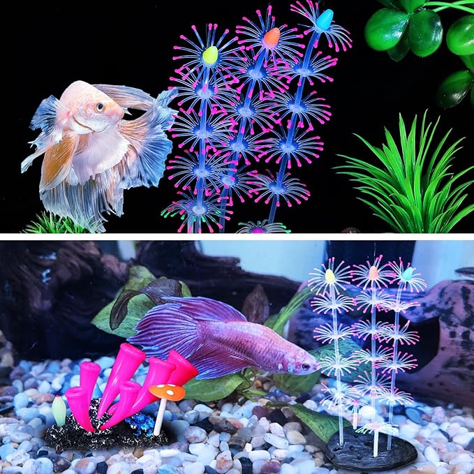 POPETPOP Glow in the Dark Fish Tank Decorations 2Pcs Artificial Coral Ornaments Silicone Aquarium Plants for Reef Decor 3.46X3.34X2.16In Safe Non-Toxic Aquarium Glow Decorations