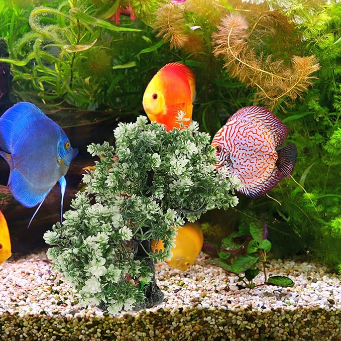 POPETPOP Aquarium Decor Fake Tree 4.13X2.36X10.62In Realistic Silk Plastic Bonsai Plant Fish Tank Ornament for Freshwater Saltwater Aquariums Home Office Decoration