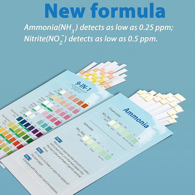 10-in-1 Ammonia Test kit Aquarium (25 Multi-Test + 25 Ammonia Strips) for Freshwater & Saltwater | Aquarium Test Strips for Fish Tank,Ponds | Test Nitrate,Nitrite,Hardness,pH & More.