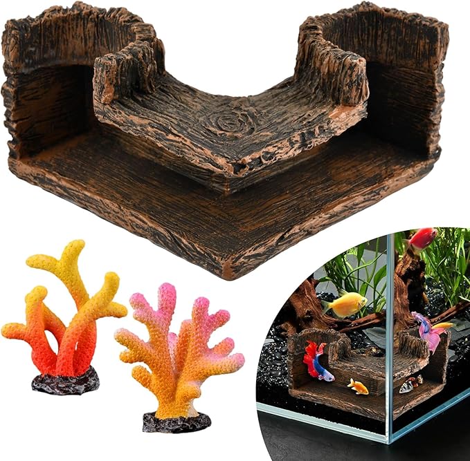 Aquarium Underground Corner Cave with 2 Simulated Resin Coral, Natural-Looking Wood-Like Bet-ta Fish Hideout Fish Tank Decorations, for Avoid Aggressive Behavior