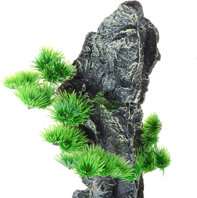 Tall Aquarium Decor Mountain View with Tree & Cave 13.8inch, Large Fish Tank Decoration, Artificial Resin Rock Mountain Betta Fish Tank Ornament for Goldfish Cichlid Shrimp Hiding Playing