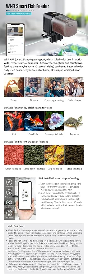 L88 Automatic Aquarium Feeder Fish Feeder Next-Generation, WiFi-Enabled, Smartphone-Controlled, Remote Fish feedingProgrammable APP Control and USB Power Supply, Compatible with Amazon Alexa
