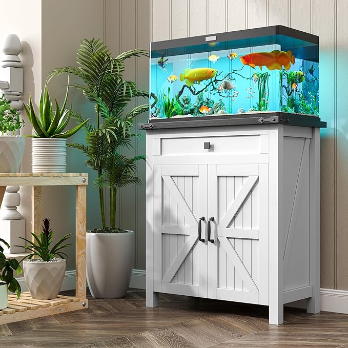 kepptory 20 Gallon Fish Tank Stand with Power Outlets, Farmhouse Decorative Aquarium Stand Furniture with Adjustable Shelves, 10-20 Gallon Reptile Turtle Tank Stand with Cabinet Storage (White, 20GL)