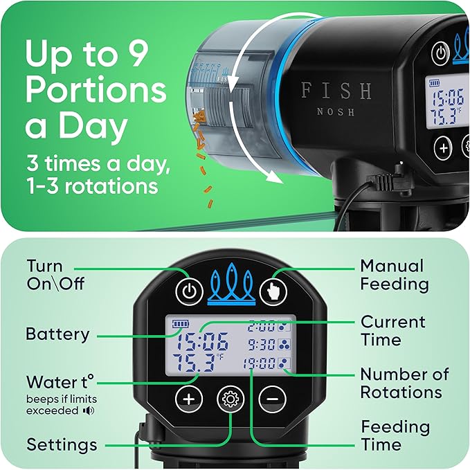 FISHNOSH Automatic Fish Feeder for Aquarium with Digital Thermometer - 2026 Auto Fish Food Dispenser Programmable, Vacation Feeder for Fish, Adjustable Portions, Auto Fish Feeder for Small & Big Tanks