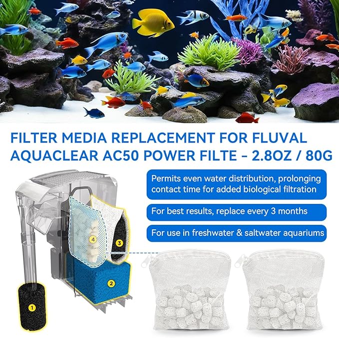 80g Biomax for Aquarium Filter Media Replacement for Fluval Aquaclear AC50 Power Filter, 2.8 Oz / 80 G Biological Material Remover Inserts for Use in Freshwater & Saltwater Aquariums(2 Pack)