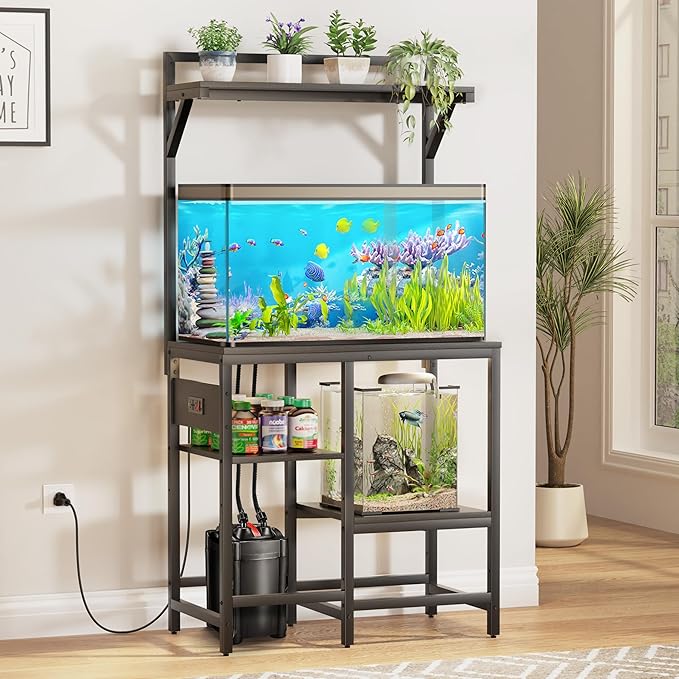 20-29 Gallon Fish Tank Stand, Aquarium Stand with Power Outlet, Heavy-Duty Reptile Terrarium Stand Table with Top Shelf and 4-Tier Adjustable Storage Shelves, 30.7" L x 15.3" W x 30" H(Black)