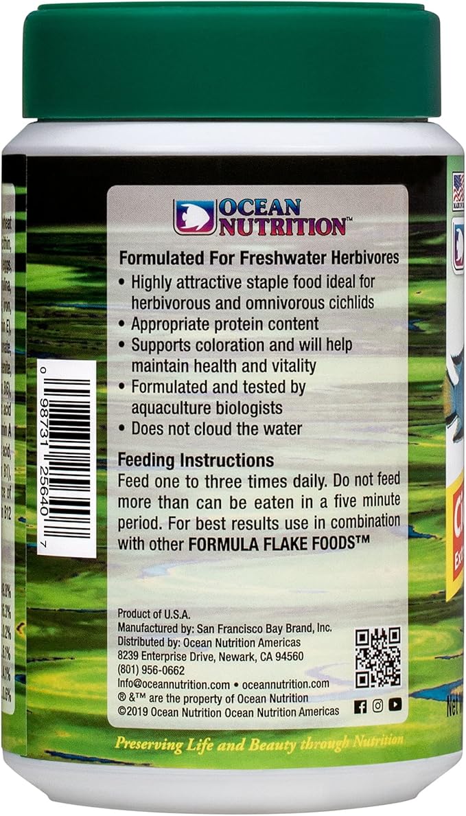 Ocean Nutrition Cichlid Vegi Formula Flake Fish Food - Natural Ingredient Fish Food Flakes for All Fish - Supports Health & Coloration, Does Not Cloud Water, Made in USA, 5.5 oz (154 g)