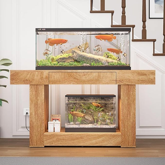 55–75/90 Gallon Aquarium Stand, 48 Inch Fish Tank Stand with Power Outlets & USB Ports, Heavy Duty Double Aquarium Stand for Turtle Reptile Terrarium, Farmhouse Tank Stand, Natural Wood