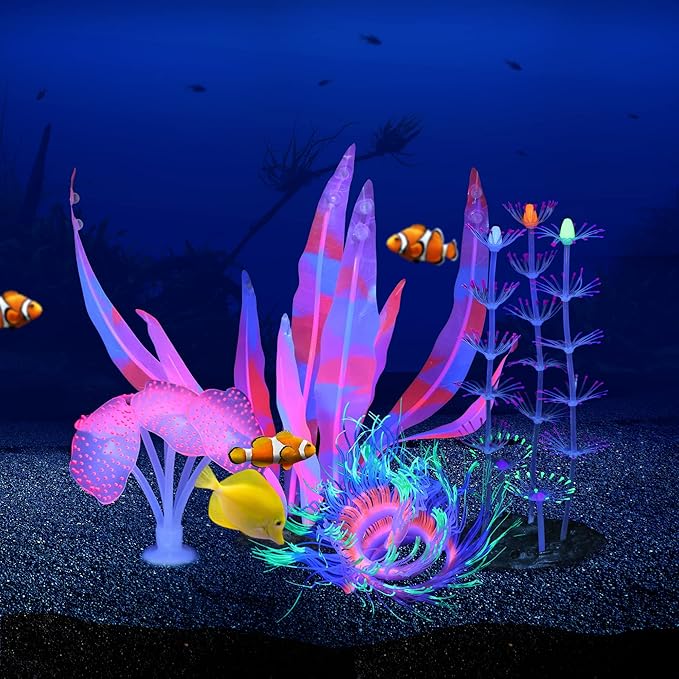 Glowing Fish Tank Decorations, 4 pcs Glow Aquarium Decor Set, Multicolor Underwater Themed Plants (Pink Coral, Green Anemone, Purple Feather Coral, Pink Kelp)