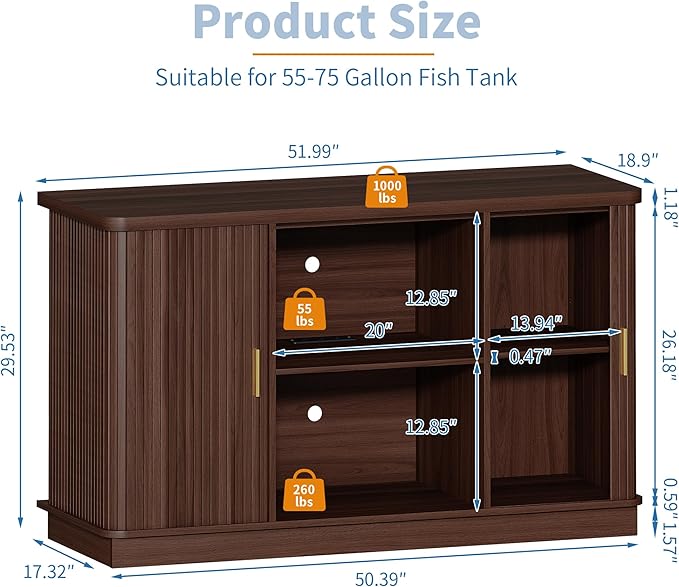 Fish Tank Stand, 75 Gallon Tank Stand with Sliding Cabinet Door, Heavy Duty Aquarium Stand with Power Outlet for Turtle Tank, Reptile Terrarium, 1000LBS Capacity (Walnut)