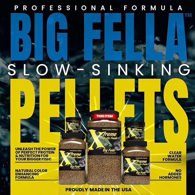 Xtreme Big Fella 3.0mm Pellets: Professional Nutrition for Medium to Large Cichlid/Community Fish - Boost Immune & Digestive Health, Color & Energy, Max Protein Fish Food – USA Farm Grown (64oz)