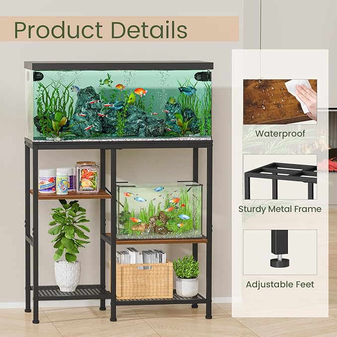 Snughome 30 Gallon Aquarium Stand, Fish Tank Stand with Shelf for Storage, 3 Tier Heavy Metal Frame Fish Tank Stand, 30 Gallon Aquarium Stand for Home Office, 30.31" x 12.01" x 30.31", Rustic Brown