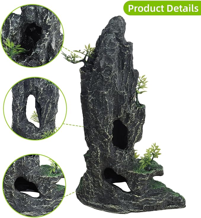 Tall Aquarium Decor 14.4inch, Cool Large Fish Tank Decorations Accessories, Resin Mountain View Aquarium Ornament with Tree Hideout Cave, for Betta Goldfish Shrimp Guppy Cichlid Play Rest