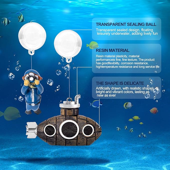 CousDUoBe 2.1 in Mini Floating Submarine Fish Tank Decoration Set，Cute Retro Submarine Set and Floating Diver,Aquarium Decorations Resinous Betta Fish Tank Accessories