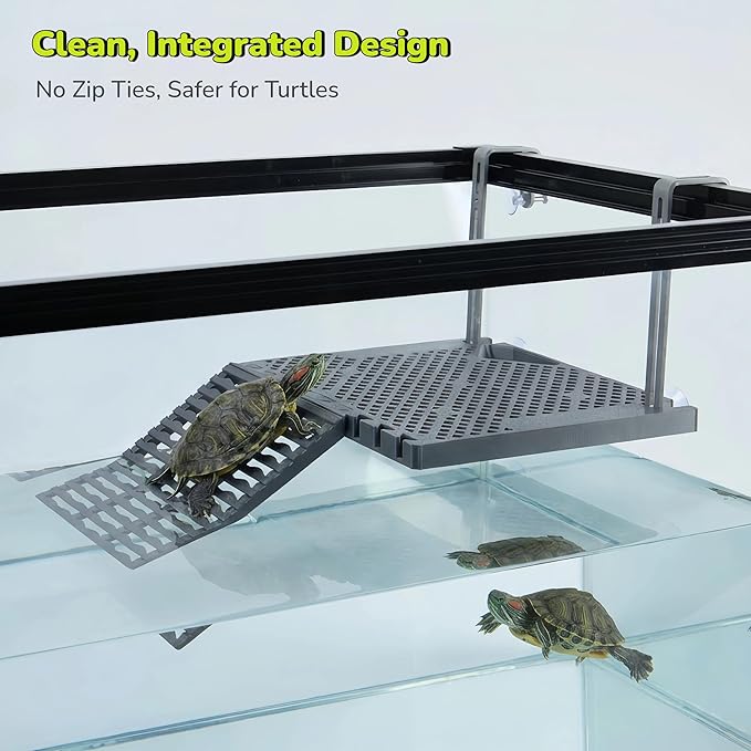 SolidForm Hanging Turtle Basking Platform with Built-in Food Tray, Zero Zip-Tied, Non-Slip Ramp Terrace, Resting Turtles Dock, for 20–75 Gallon Aquariums Frog Turtle Turtle Tank Accessories