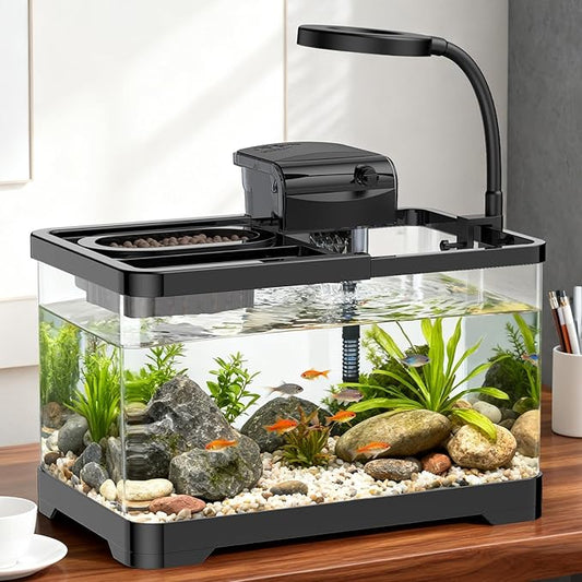 Pawfly 2 Gallon Fish Tank, Small Aquarium Kit, Betta Fish Tank Starter Kit with 6 W LED Light, 65 GPH Filter, Siphon Vacuum Water Changer & Basket, Aquarium for Betta, Shrim, or Small Fishes