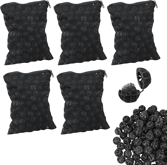 500 Pieces Black Bio Balls 0.6 Inch Internal Bioballs Filter Media for Aquarium Filter Pond Filter with 5 Pack Zippered Aquarium Filter Media Mesh Bags