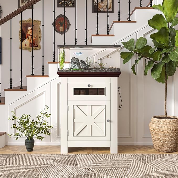 10-15 Gallon Aquarium Stand With Power Outlets, Farmhouse Fish Tank Stand, Reptile and Terrarium Stand with Drawer and Cabinet Storage, Sturdy Heavy Duty 20.4" 12",White