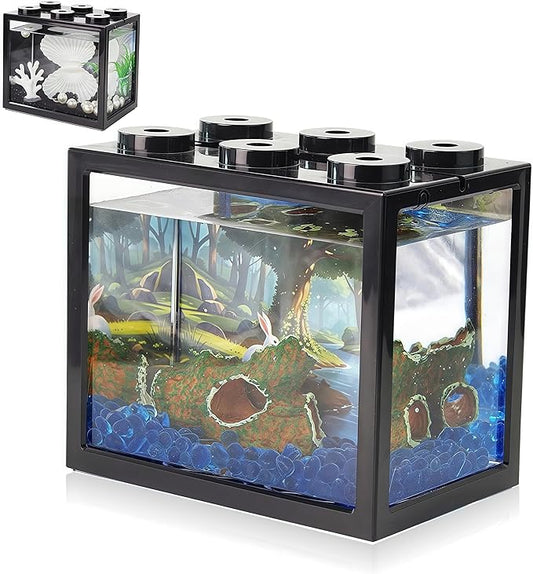 Small Betta Fish Tank, Mini Sea Monkey Tank Aquarium Kit with Gravel & Background Resin Decor, 0.6 Gallon Stackable Tabletop Fish Bowl Accessories for Shrimp Seaweed Ball
