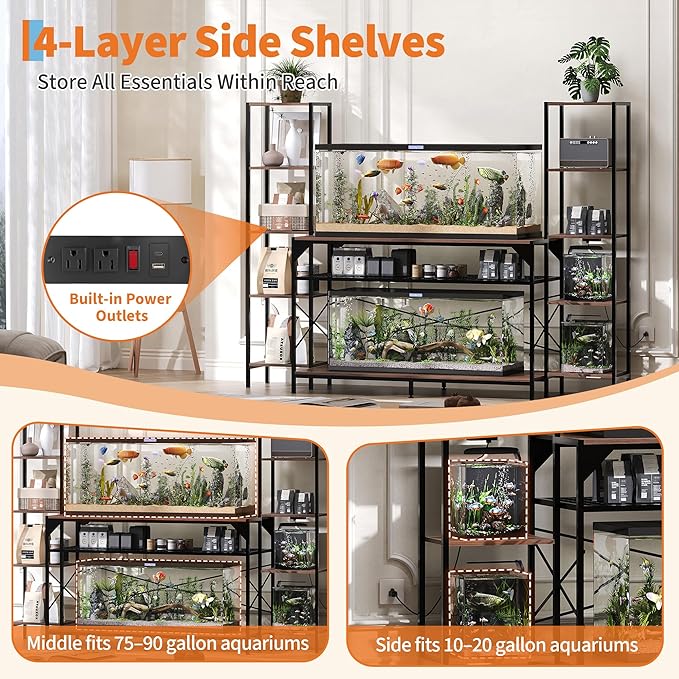 Garvee 20-90 Gallon Fish Tank Stand ,Aquarium Stand with Power Outlet,Heavy-Duty Reptile Terrarium Stands with 12-Leg Support and 4-Tier Storage Shelves,Fish Tank Table Aquarium Table,Load 860lbs