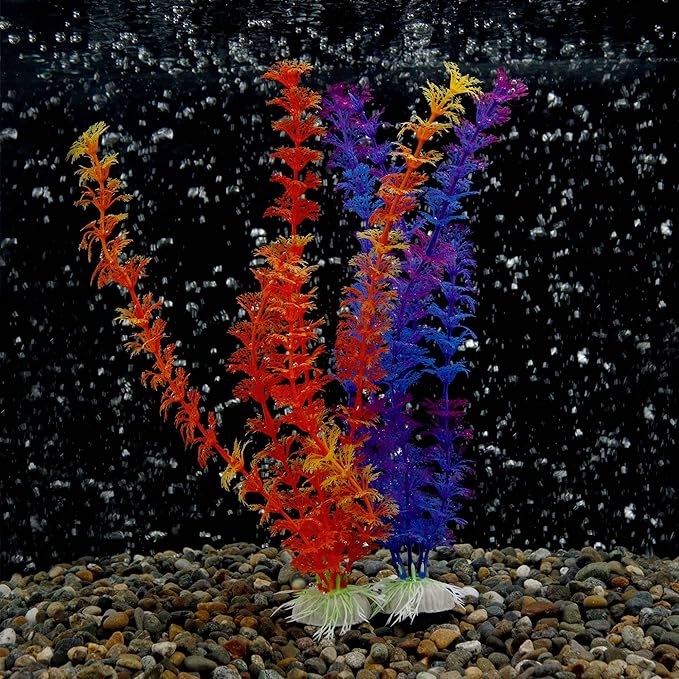NW Wholesaler 12 Inch Faux Plants for Fish Tanks - Set of 2 Orange and Purple Artificial Plants for Freshwater and Saltwater Aquarium Decor and Fish Hideaway