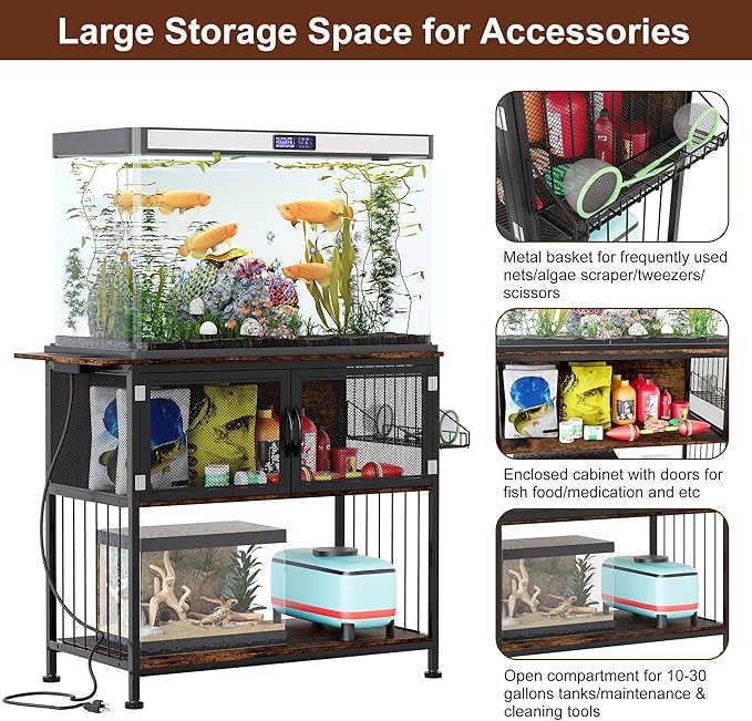 TQVAI 40-55 Gallon Fish Tank Stand with Power Outlets, Heavy Duty Aquarium Stand with Cabinet Storage Fish Tank Accessories, Large Reptile Terrarium Tank Stand, Black/Vintage