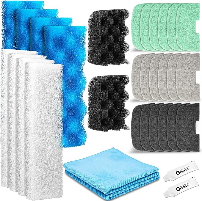 Threlaco 32 Pcs Aquarium Replacement Maintenance Kit Compatible with Fluval 206/207 Filter Media Including Biological Sponge, Ammonia/Phosphate/Nitrite Remover Pad, Aquarium Towel, Grease