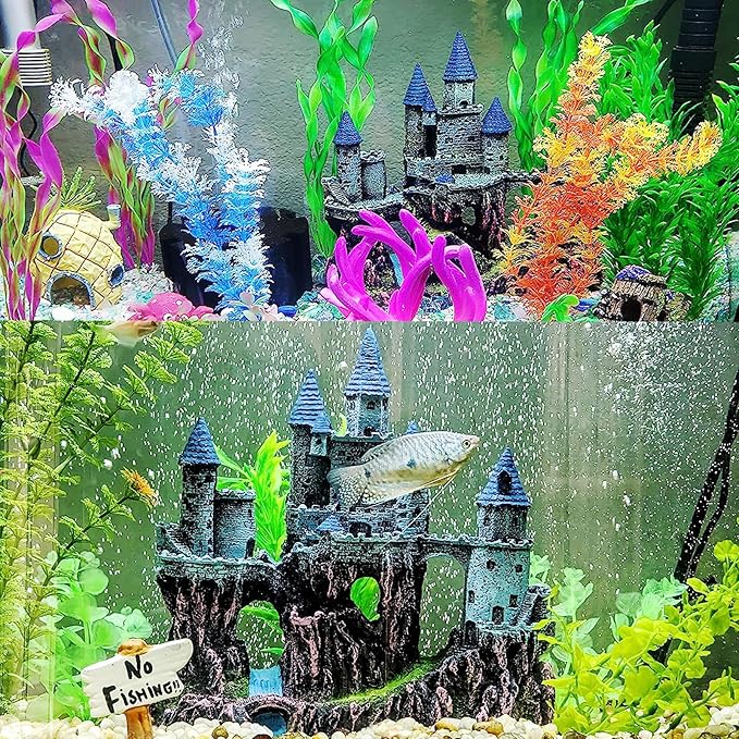 Aquarium Castle Decor, Resin Castle for Fish Tank with Randomly Color Plants Decorations Accessories for Freshwater and Saltwater Fish Tanks