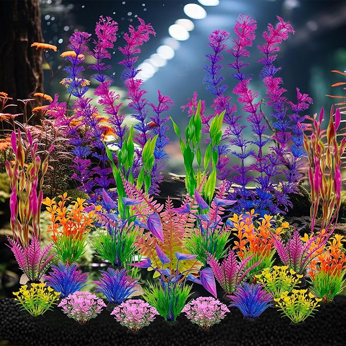 Ameliade 25pcs Fish Tank Artificial Plastic Plants Decorations Large Aquarium Decor Betta Goldfish Tank Accessories Fish Bowl Ornaments (Colorful)