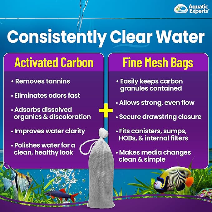 Premium Activated Carbon for Aquariums – 3 lbs Bulk Granulated Charcoal + Four 3" x 8" Fine Mesh Filter Bags, Aquarium Carbon Filter Media for Crystal Clear Fish Tanks