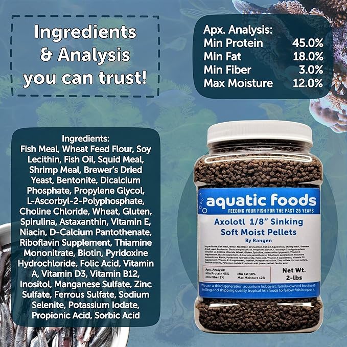 1/8" Soft Moist Sinking Salmon Pellets for Juvenile Axolotls, Shrimp, Snails, Crabs, Small Amphibians, Bottom Tropical Fish...11oz Small Jar