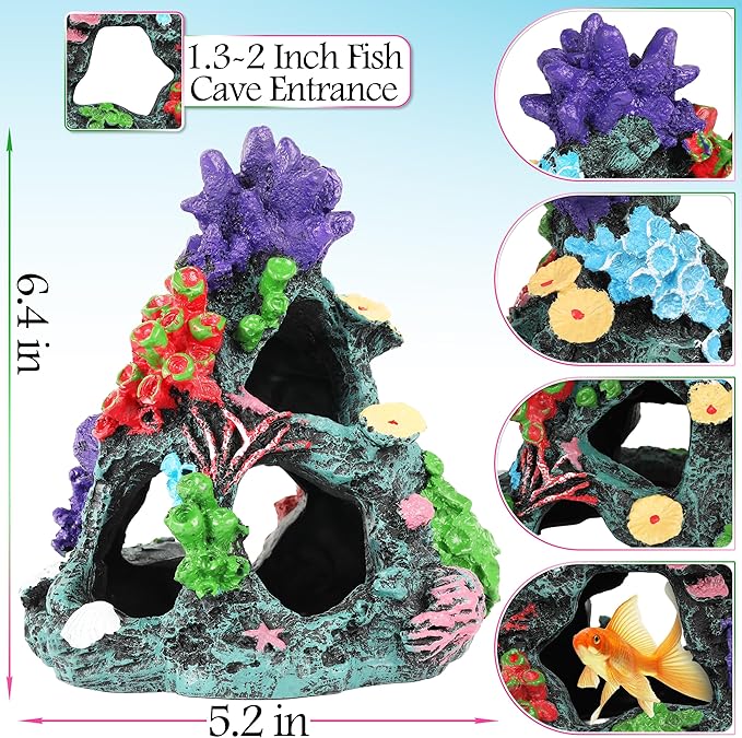 MyLifeUNIT Fish Tank Plants, 7 Pieces Colorful Aquarium Plants and Coral Reef Set for Fish Tank Decoration, Mountain Cave Ornament for Betta, Goldfish to Breed, Play and Rest