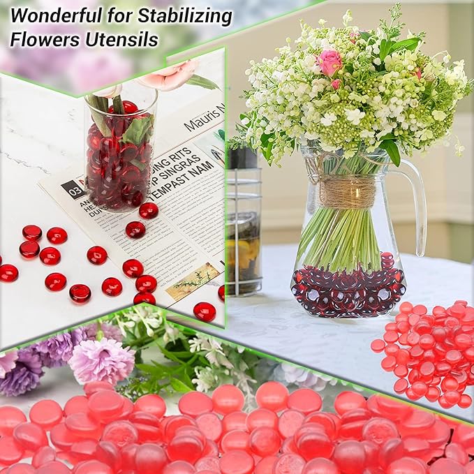 ARSUK 1LB Red Glass Pebbles for Vase Fillers, Aquarium Gravel, Decorative Stones for Crafts, Fish Tanks, Plant Pots, Wedding, Garden, Home Decor – Flat Glass Marbles (Red, 1LB)