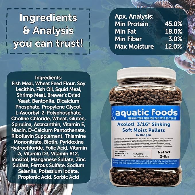 Axolotl Food 3/16" Soft Moist Sinking Salmon Pellets for Adult Axolotl Also Shrimp, Snails, Crabs, Crayfish, Bottom Tropical Fish...5-lb Lg Jar