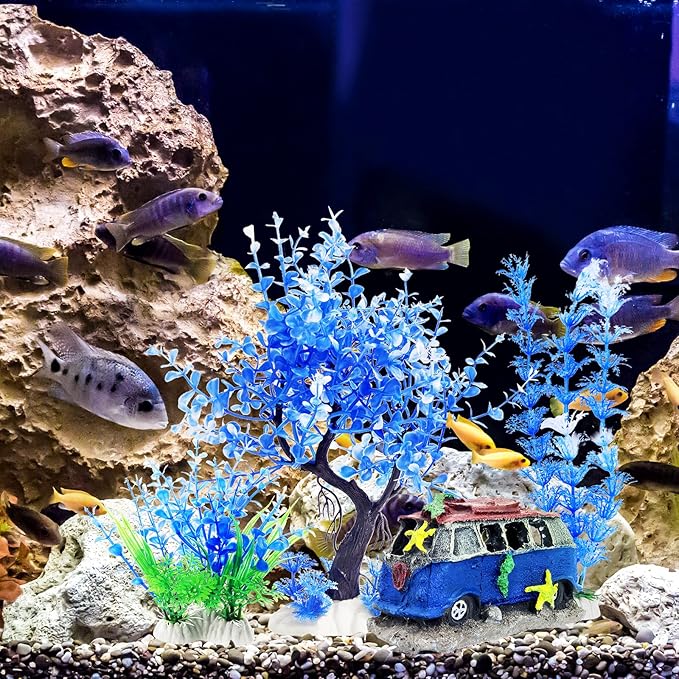4PCS Fish Tank Aquarium Decorations Plastic Plants with Resin Cave Rock for Fish Hideout (Blue Set)