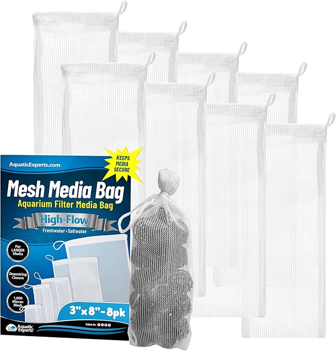 Aquatic Experts High Flow Filter Media Bag - Durable Filter Bags for Fish Tank, Secure Aquarium Media Bag with Drawstring, Media Bags for Aquarium and Pond, High Flow (White), 3” x 8” - 8 Pack