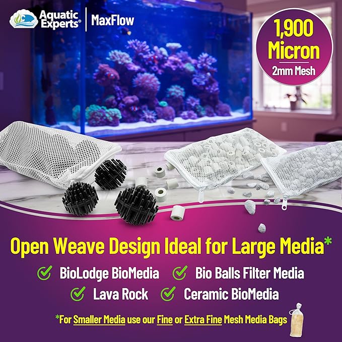 Aquatic Experts Max Flow Filter Media Bag - Durable Filter Bags for Fish Tank, Secure Aquarium Media Bag with Drawstring, Media Bags for Aquarium and Pond, Max Flow (Zipper), 8” x 12” – 3 Pack