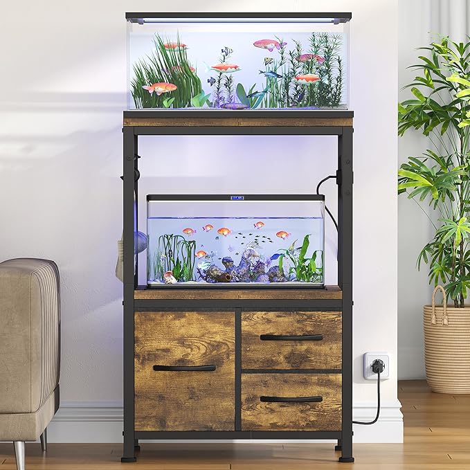 Heybly 5-10 Gallon Fish Tank Stand, Aquarium Stand with Drawer, Power Outlet, Heavy Duty Metal Frame, for Fish Tank, Turtle & Reptile Terrarium, 20.5" × 10.2" Top, 200lbs, Rustic Brown HAS002SSR
