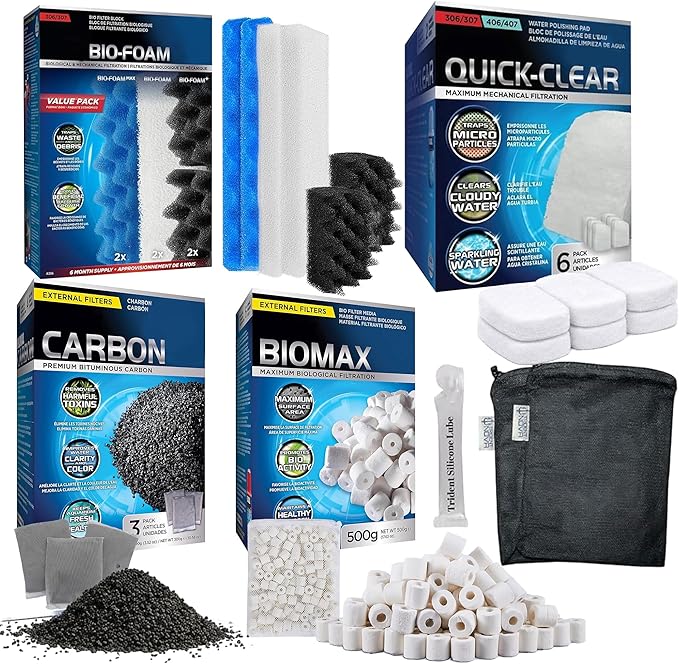 Filter Media 306/307 Filter Media Canister Filter Maintenance & Replacement Filter Media Kit, Including Trident Nova Mesh Bags(Quick Clear/Water polishing Pad, BioFoam, Carbon, Biomax)