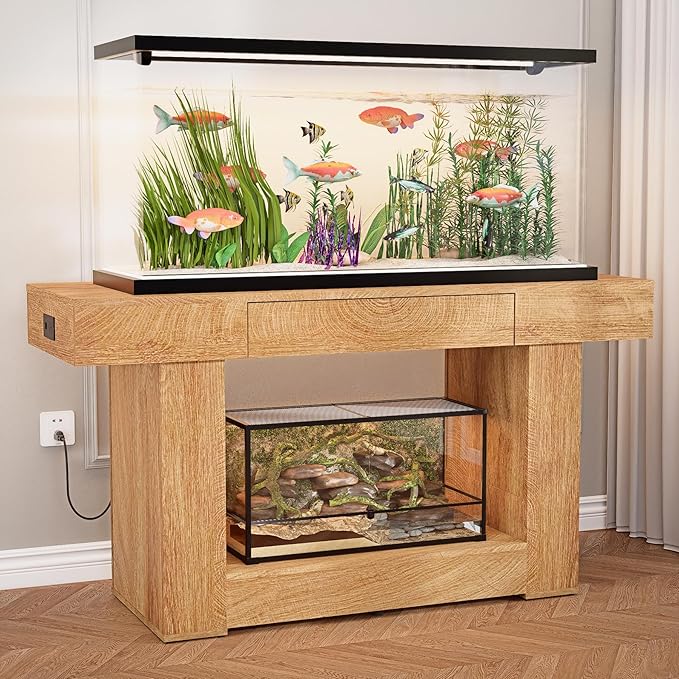 55–75/90 Gallon Aquarium Stand, 48 Inch Fish Tank Stand with Power Outlets & USB Ports, Heavy Duty Double Aquarium Stand for Turtle Reptile Terrarium, Farmhouse Tank Stand, Natural Wood