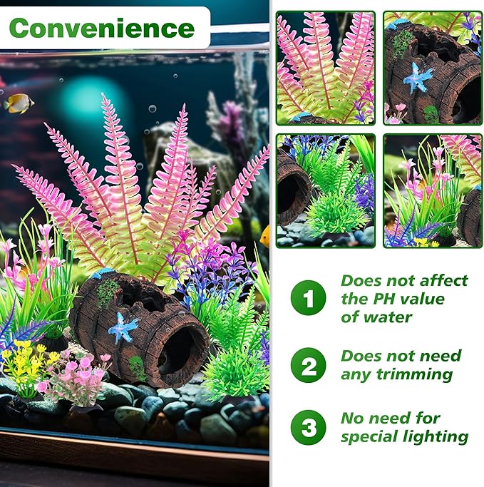 Ameliade Fish Tank Accessories Decorations Set with Broken Barrel Cave & 11 Artificial Aquatic Plants - Betta Goldfish Hiding Spots for Aquariums, Small Bowl Ornament Decor