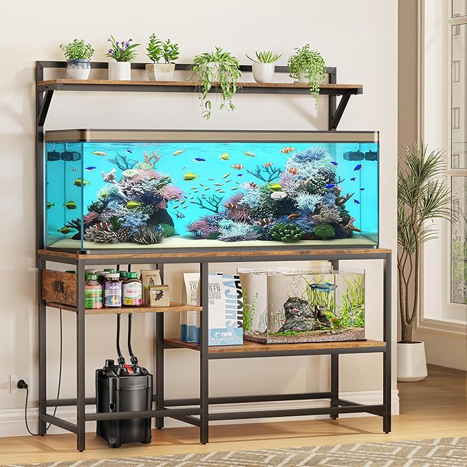 55 Gallon Fish Tank Stand, Aquarium Stand with Power Outlet, Heavy-Duty Reptile Terrarium Stand Table with Top Shelf for 55 Gallon Standard Long-Type Model, 52" L x 19.6" W x 29.9" H(Brown)