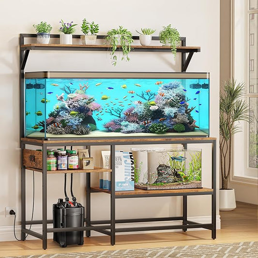 55 Gallon Fish Tank Stand, Aquarium Stand with Power Outlet, Heavy-Duty Reptile Terrarium Stand Table with Top Shelf for 55 Gallon Standard Long-Type Model, 52" L x 19.6" W x 29.9" H(Brown)