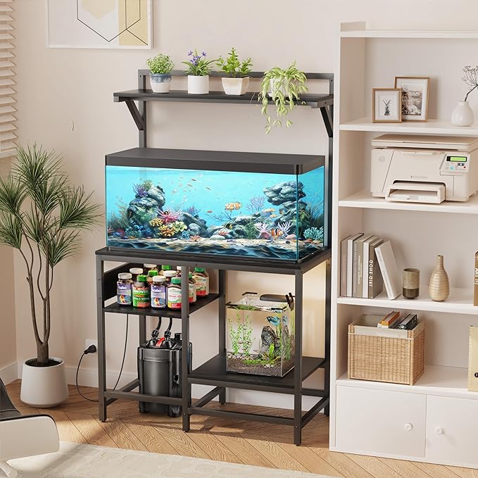 40 Gallon Fish Tank Stand, Aquarium Stand with Power Outlet, Heavy-Duty Reptile Terrarium Stand Table with Top Shelf and 4-Tier Adjustable Storage Shelves, 37.4" L x 19.7" W x 30" H(Black)