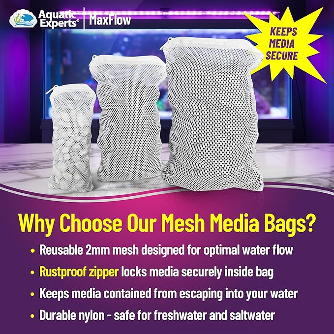 Aquatic Experts Max Flow Filter Media Bags - Durable, Secure with Plastic Zipper, for Aquarium and Pond, Zipper, 3" x 8" - 4 Pack