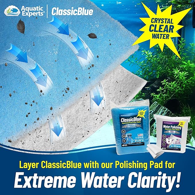 Aquatic Experts Classic Bonded Aquarium Filter Pad - Blue and White Aquarium Filter Media Roll Bulk Can Be Cut to Fit Most Filters, Made in USA (12" by 24 Feet by 3/4" Thick)